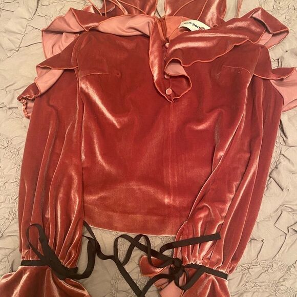 Self Portrait Pink Black Velvet Lace Frill Off Shoulder Top 6 - Picture 5 of 8